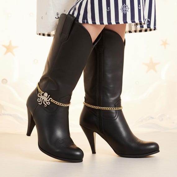 Gold Octopus Boot Chains – Crystal Nautical Anklets, Handmade Pair