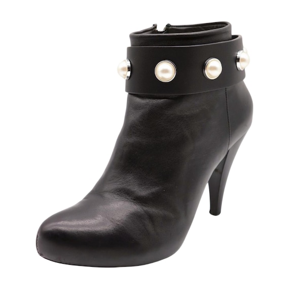 Pearl Boot Chain: Black Faux Leather Western Ankle Bracelet