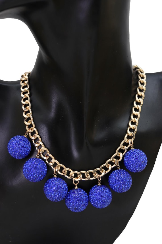 Women gold metal chain necklace, royal blue ball charm jewelry  WN32