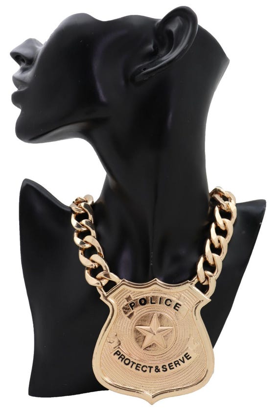 Women gold badge necklace, chunky chain, shield star pendant biker streetwear WN47