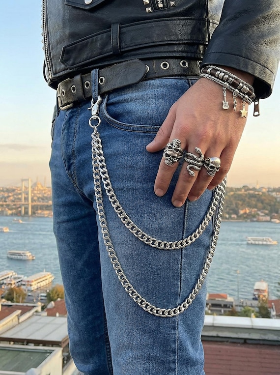 Men’s silver two strand wallet chain handmade USA curb link jean chain M32