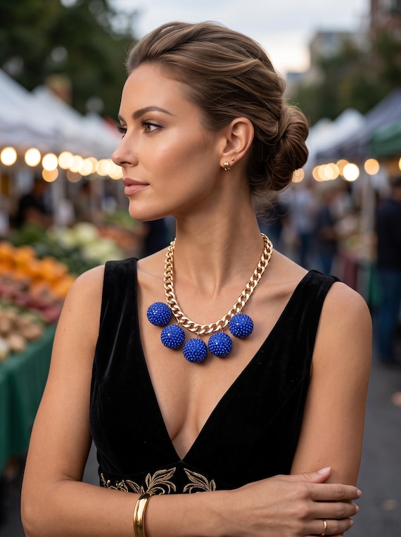 Blue Rhinestone Ball Necklace, Gold Metal Chain, Sphere Charm Statement Jewelry, Short Bib, WN67