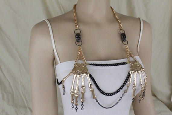 New Women Fashion Gold Body Chain Skull Skeleton Jewelry Charm Sexy Gothic Halloween Pirate Bones Bra Cover Hand Made in The USA