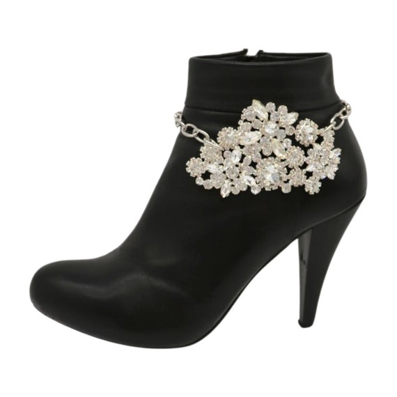 Rhinestone Flower Silver Boot Bracelet: Western Bling Shoe Jewelry