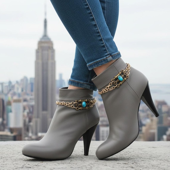 Women Antique Gold Boot Chain Bracelets with Turquoise Accent, Handmade USA Pair BC295