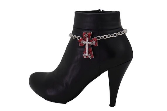 Western Boot Bracelet: Silver Chain with Red Cross Charm