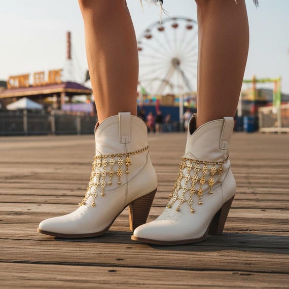 Women gold boot chain bracelets pair lattice curtain bell shoe anklets handmade USA  BC226