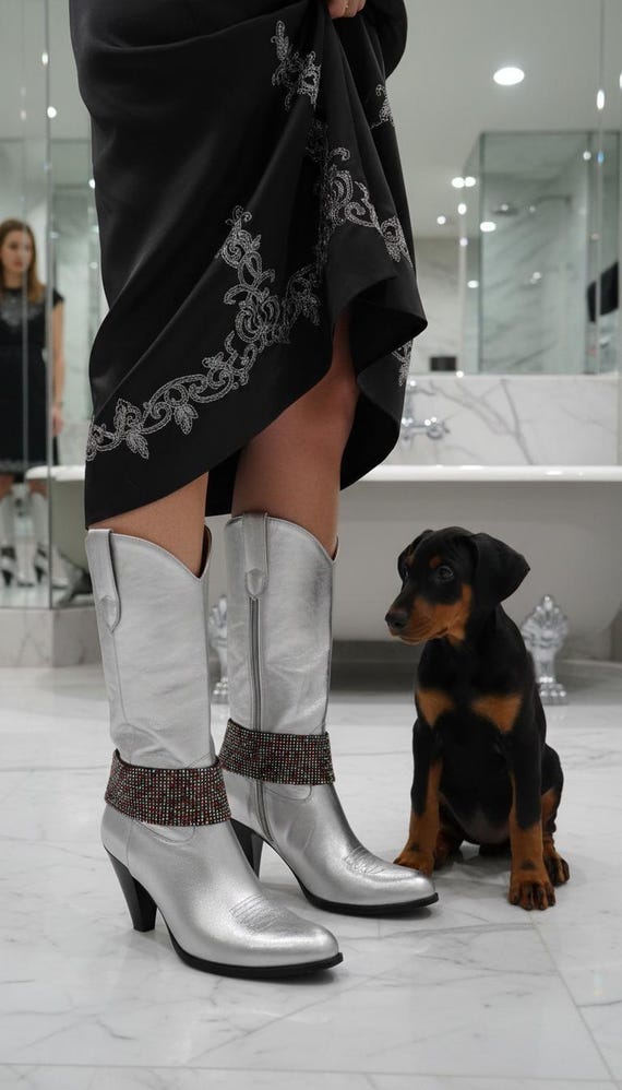 Rhinestone Boot Chain Anklets Pair, Silver Shoe Strap Bracelets, Wide Black Band With Multi-Color SET BC95