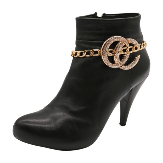 Gold Boot Chain Bracelet: Rhinestone CC Charm, Western Bling
