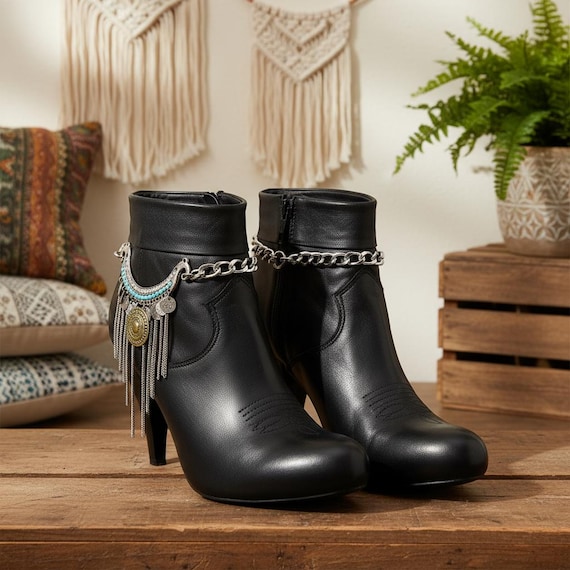Silver Boot Chains with Turquoise Charms: Western Fashion Anklets (Pair)