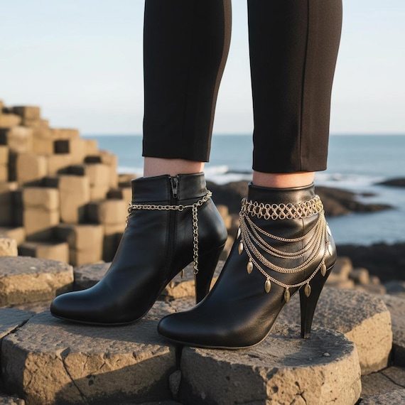 Gold Tone Boot Chain Bracelets Pair, Multi Strand Leaf Charm Shoe Jewelry BC158