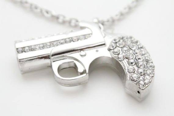 Silver Tone Pistol Pendant Necklace, Rhinestone Statement Charm, Adjustable Urban Streetwear Jewelry, WN69