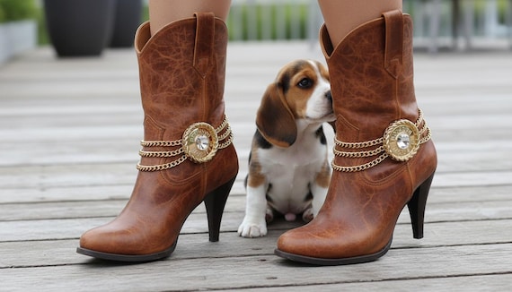 Gold Boot Chain Bracelets Pair, Western Shoe Anklet With “Fashion” Round Charm, Triple Chain BC102