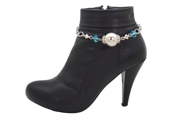 Women Metal Silver Boot Chain Bracelet Anklet Shoe Ball Charm Blue Beads Fashion Jewelry