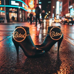 Pode incluir: Botas de tornozelo pretas com saltos agulha, cada uma adornada com um berloque circular dourado com a palavra "Bitch" em itálico. Uma delicada corrente conecta o berloque. As botas estão sobre uma rua molhada e reflexiva.