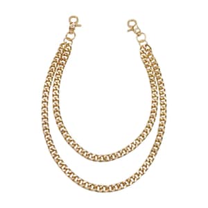May include: Gold-colored chain accessory with two parallel strands. Each strand is made of interlocking curb chain links. The accessory has two lobster claw clasps at the top for attachment.