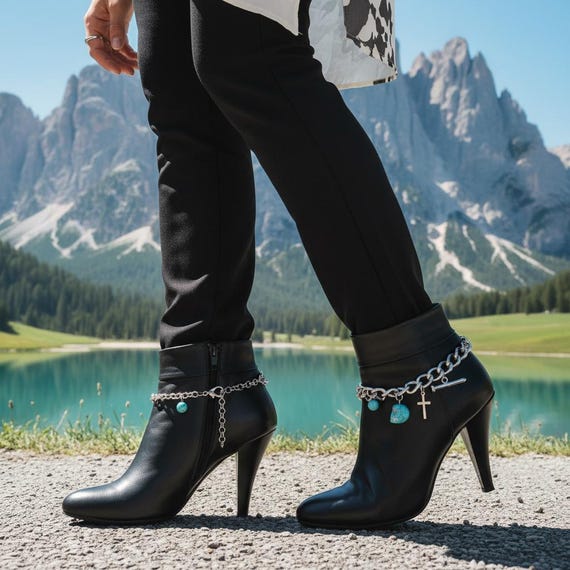 Women’s Silver Boot Chain Anklets Pair, Turquoise Skull Bead Cross Nail Charms BC142