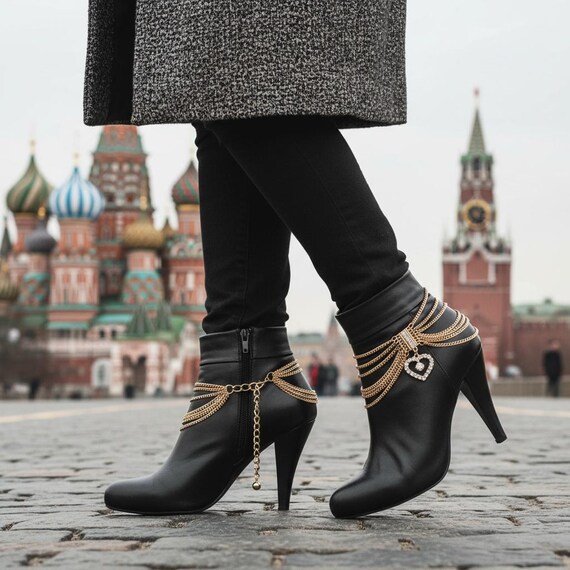 Women's gold multi wave boot chain bracelets with rhinestone heart charm, pair BC173