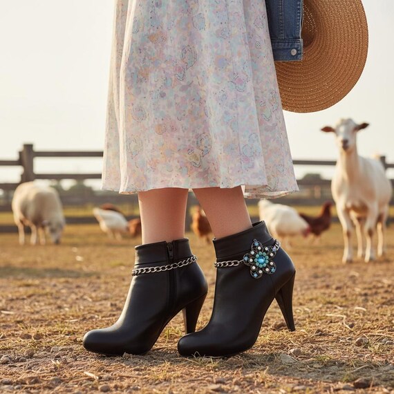 Silver Boot Chain Anklet: Rhinestone Flower Charm, Western Cowgirl Jewelry - USA Handmade