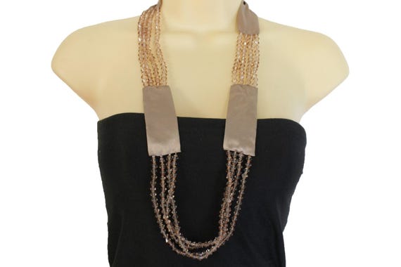 Mocha Taupe Satin Tie Necklace, Long Brown Faceted Bead Strands, Boho Chic Jewelry