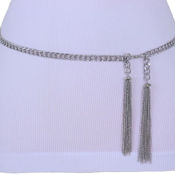 Women Silver Metal Chain Link Fashion Belt Long Tassel Fringes Charm Adjustable Size