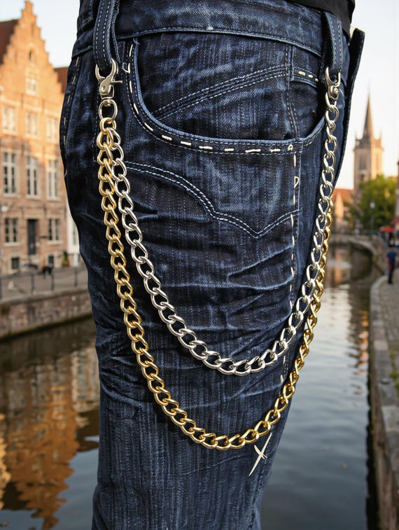 Men Two-Tone Gold Silver Double Strands Wallet Chain - Biker Jeans Chain - 23"  M25