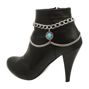 NEW 2PCS Women Silver Metal Chain Boot Bracelet Western Fashion Shoe Coin Charm Turquoise Blue Bead Anklet Accessory SET