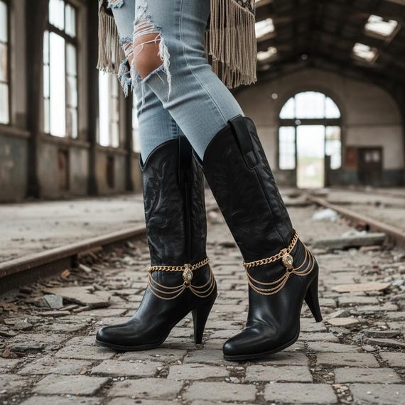 Gold Snake Head Boot Chains, Rhinestone Wave Drapes, USA Handmade