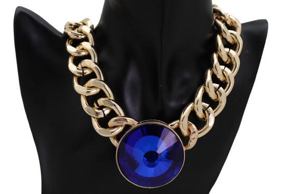 Women gold chunky chain necklace with BIG blue crystal glass pendant WN19