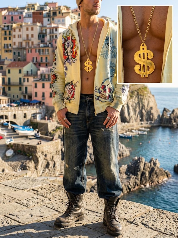 Men’s gold dollar sign oversized money pendant necklace long chain streetwear fashion M8