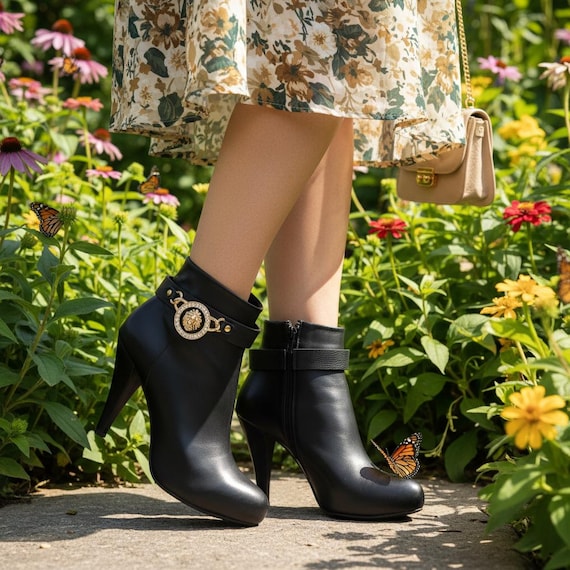 Lion Head Boot Chains – Gold & Black Rhinestone Anklets, Handmade in USA