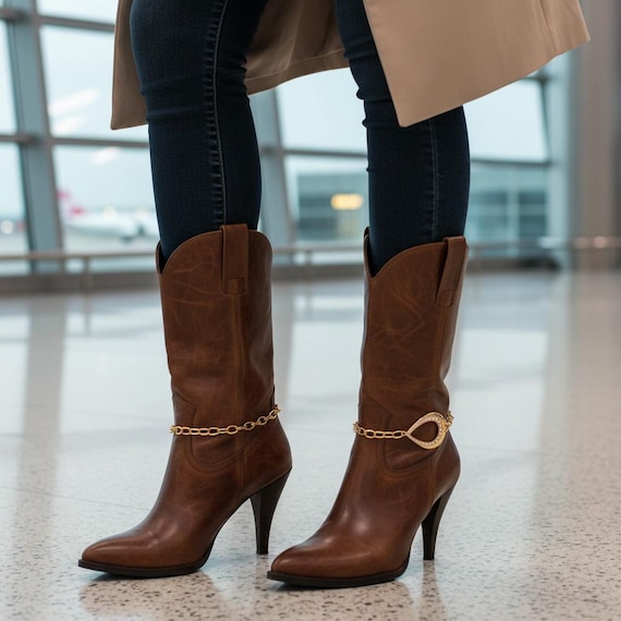 Gold Boot Chain Anklets – Teardrop Rhinestone, Cowgirl Jewelry, USA Handmade