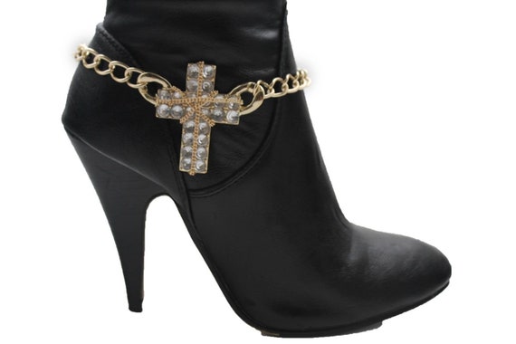 Women Metal Boot Chain Bracelet Western Shoe Cross Charm Silver Rhinestones Bling Weekend Jewelry