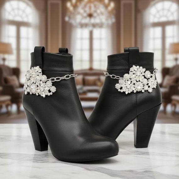 2PCS Women's Silver Metal Boot Chain Bling Crystals Flower, Shoe Anklet Set BC178