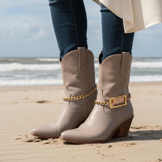 Women Gold Rhinestone Square Charm Boot Chains: Western Bling Ankle Bracelet - Handmade USA BC245