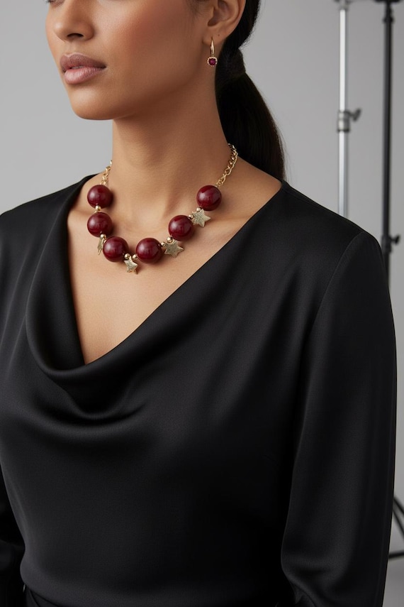 Red Brown Bead Necklace Star Earrings Set, Gold Celestial Statement Jewelry, Adjustable Short Necklace, WN60