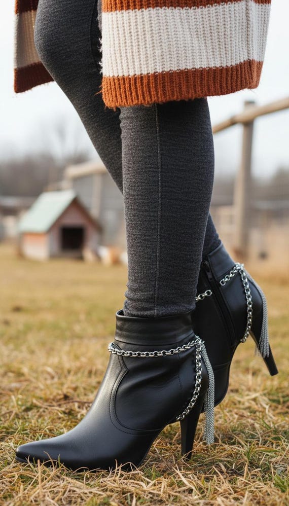 Silver Boot Chain Bracelet Set With Long Back Tassel Fringe – Western Cowgirl Boot Jewelry Pair BC87