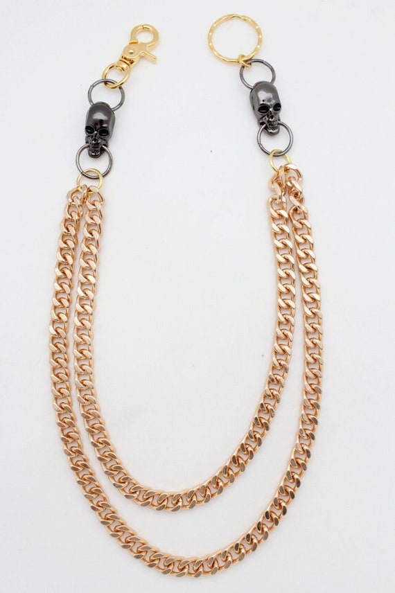 Gold Biker Wallet Chain: Pewter Skull Charms, Metal Jewelry 23" Long   M28
