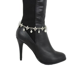 Women Silver Metal Boot Chain Bracelet High Heel Shoe Multi Charm Bling Happy Bling Anklet Jewelry