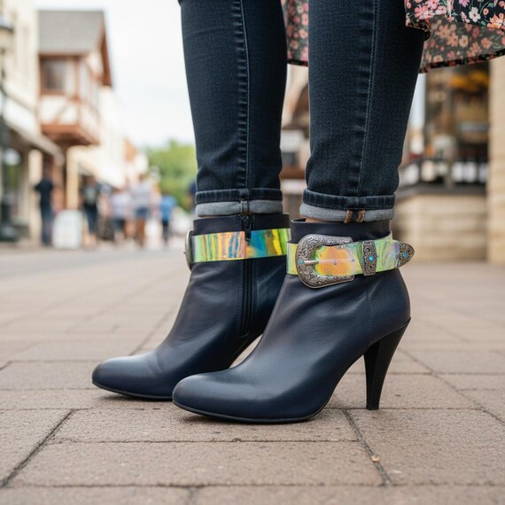 Western Boot Strap Bracelet: Silver Buckle, Turquoise Detail, 2PCS Handmade USA BC299