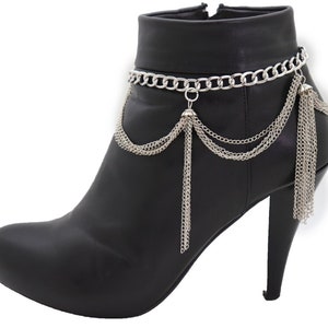 Women Silver Metal Chain Boot Bracelet Anklet Shoe Side Wave Tassel Fringe Charm Anklet Jewelry