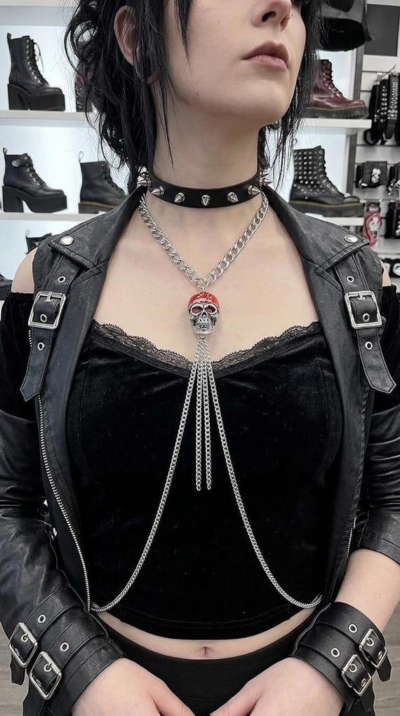 New silver skull body chain necklace, skull charm harness jewelry Handmade in USA  WN29