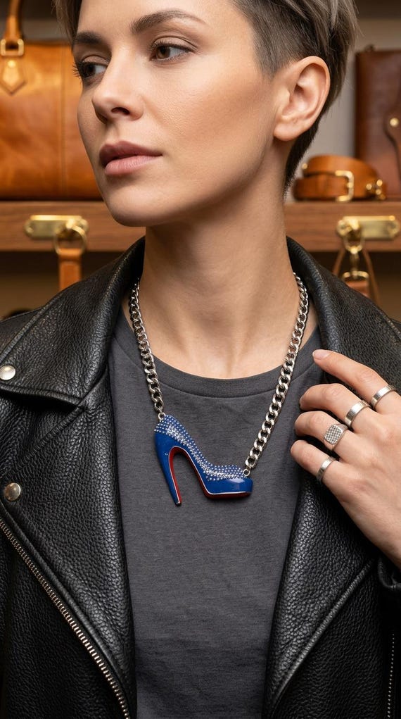 Women blue high heel necklace, silver chain shoe pendant WN25