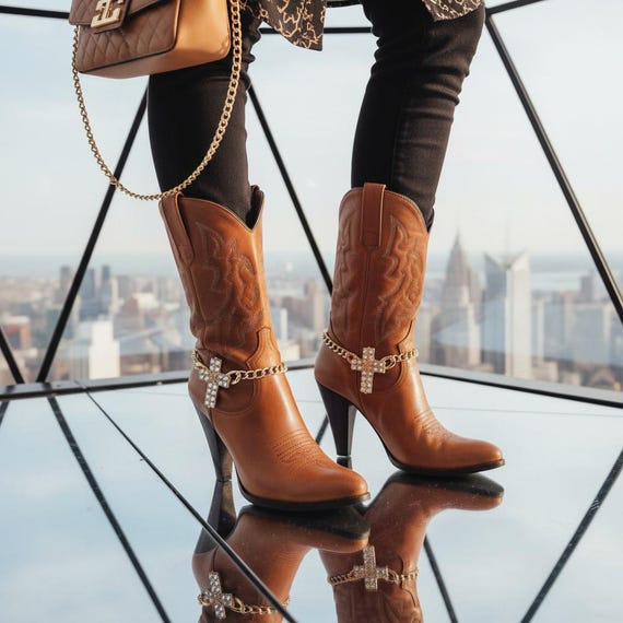 Women Gold Metal Boot Chain Bracelet Shoe Cross Charm Anklet Bling SET  BC307