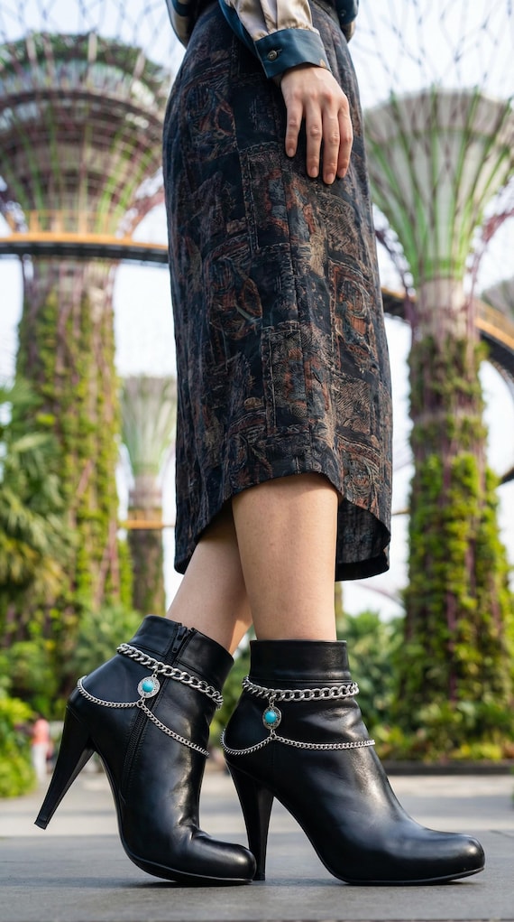 2PCS Western Boot Chain Anklets: Silver Metal Turquoise Coin Charm, Handmade USA  BC131