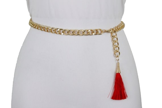 Gold Chain Belt: Red Tassel Charm Waistband