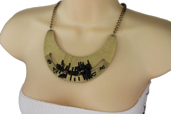 Gold crescent bib necklace black bead statement jewelry set + matching earrings  WN5