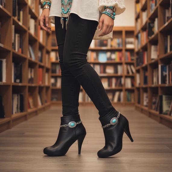 Silver Boot Chain Anklet Set: Turquoise Bead Concho Charms - Handmade USA