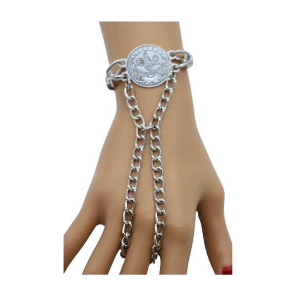 New Women Silver Fashion Jewelry Wrist Bracelet Metal Hand Chain Connected Ring Big Ethnic Style Coin Charm Bohemian Style Hand Made