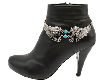 Women Silver Metal Boot Chain Bracelet Shoe Angel Wings Charm Anklet Turquoise Blue Beads Western Style